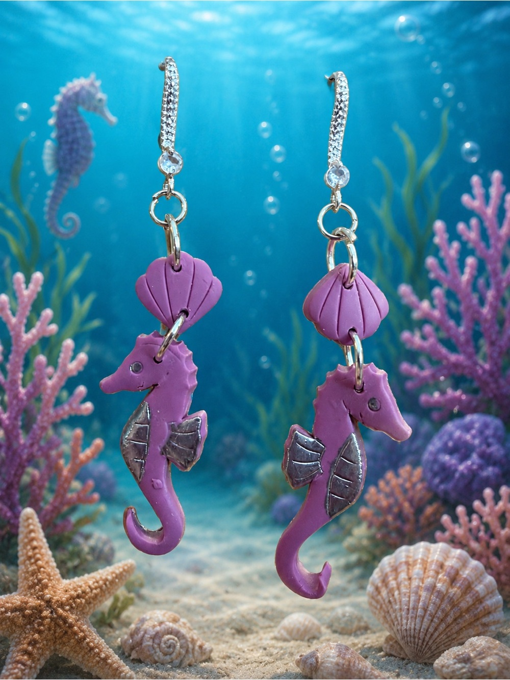 Purple Seahorse Drop Handmade Polymer Clay Earrings